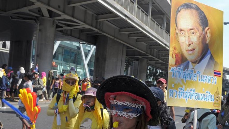 Une manifestante tient le portrait du roi Bhumibol Adulyadej, le 4 décembre 2013 à Bangkok