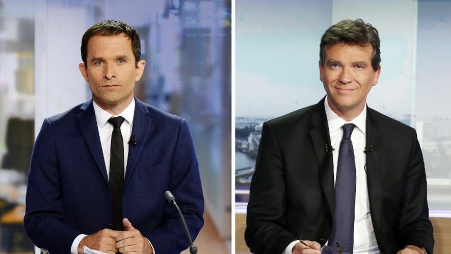 Montage de photos de Benoît Hamon et Arnaud Montebourg lors des journaux télévisés de 20 heures le 25 août 2014 à Paris