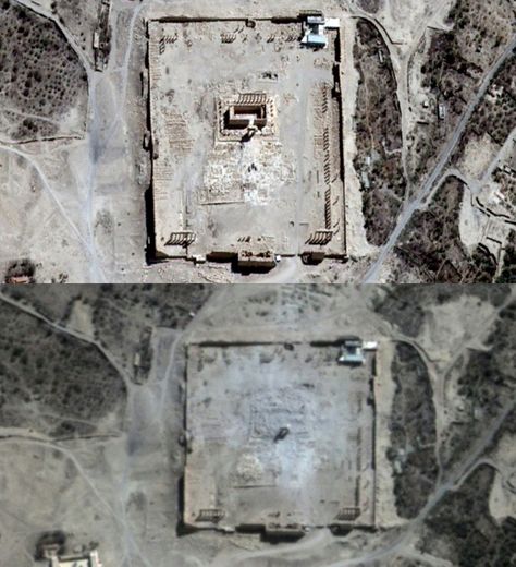 Images satellite fournies le 31 août 2015 par l'ONU montrant (en haut) le temple de Bêl à Palmyre, en Syrie, et (en bas), les ruines du temple détruit par le groupe Etat islamique