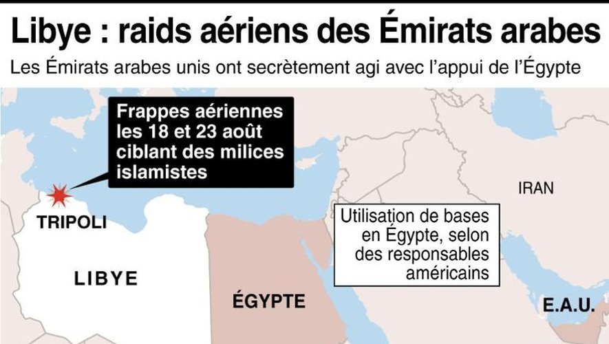 Carte de localisation des raids aériens des Emirats arabes unis contre des milices islamistes en Libye