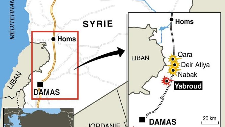 Carte de Syrie localisant les attaques de l'armée contre les rebelles dans la région de Yabroud