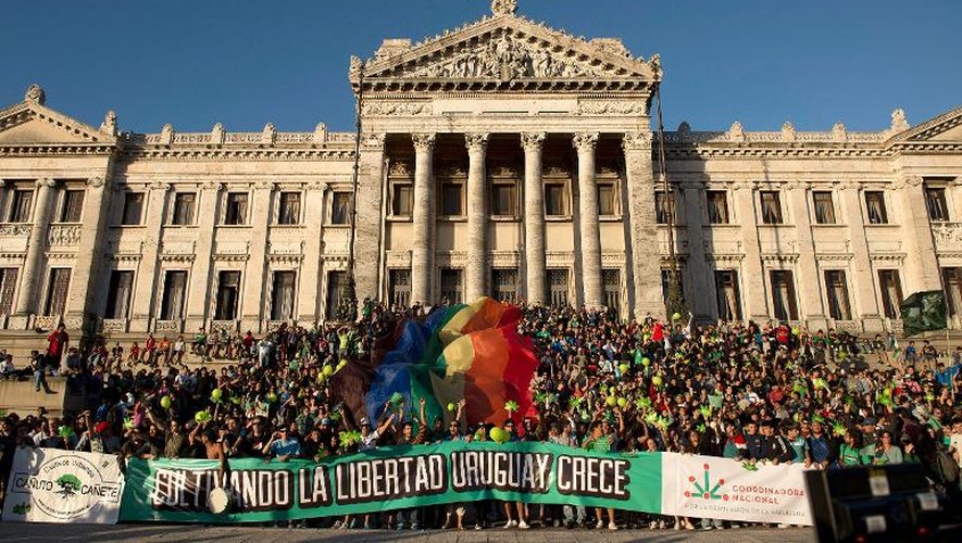 Manifestation en faveur de la légalisation du cannabis devant le Parlement, le 10 décembre 2013 à Montevideo, en Uruguay