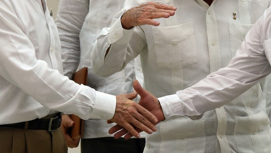 Gros plan sur la poignée de mains entre le président colombien Juan Manuel Santos et le chef des FARC Timoleon Jimenez, alias Timochenko, le 23 septembre 2015 à La Havane