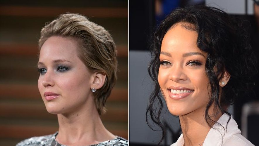 L'actrice oscarisée Jennifer Lawrence lors de la fête des oscars à Hollywood le 2 mars 2014 et la chanteuse Rihanna lors des MTV Movie awards à Los Angeles le 13 avril 2014
