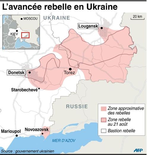 Carte de l'est de l'Ukraine avec l'avancée des rebelles pro-russes depuis le 21 août