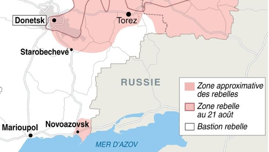 Carte de l'est de l'Ukraine avec l'avancée des rebelles pro-russes depuis le 21 août