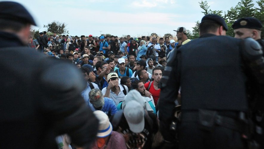 Des migrants sont surveillés par des policiers alors qu'ils tentent de monter dans des autobus près de Bapska en Croatie à la frontière avec la Serbie, le 23 septembre 2015