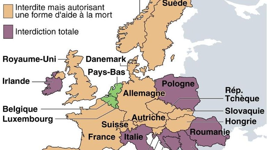 Infographie montrant l'état de la législation sur l'euthanasie en Europe de l'ouest. Un rapport préconisant la légalisation du suicide assité rouvre le débat en France