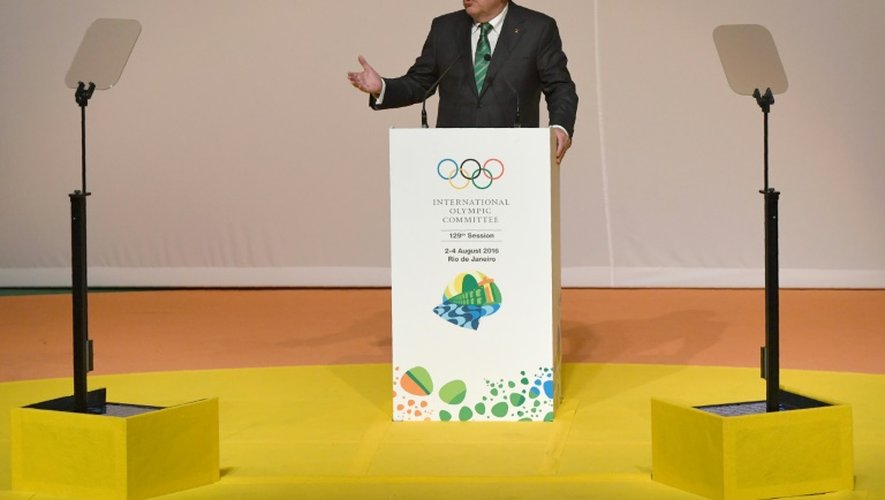 Le président du CIO Thomas Bach  lors d'une allocution à l'ouverture de la 129e session du CIO, le 1er août 2016 à Rio de Janeiro