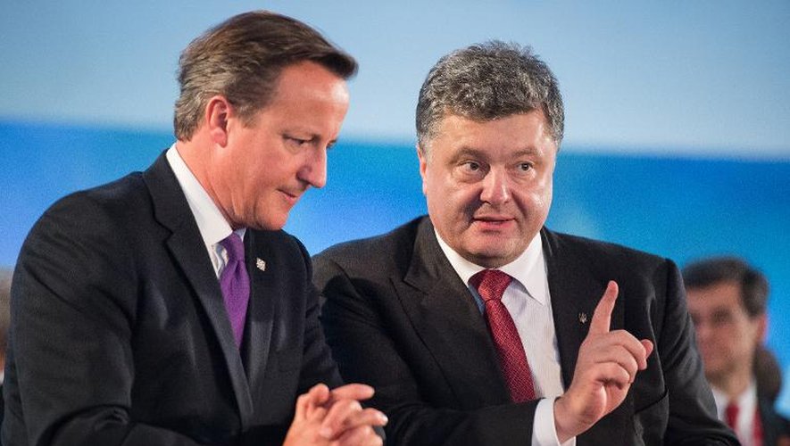 Le président Ukrainiens Petro Porochenko (d) et le Premier ministre britannique David Cameron, le 4 septembre 2014 à Newport lors du sommet de l'Otan