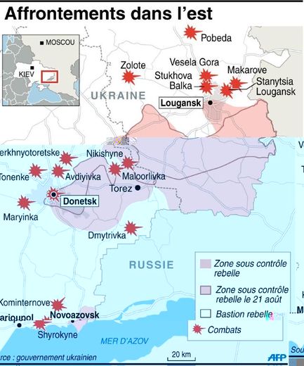 Carte présentant les derniers affrontements dans l'est de l'Ukraine alors qu'un cessez-le-feu a été accepté