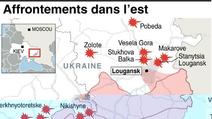 Carte présentant les derniers affrontements dans l'est de l'Ukraine alors qu'un cessez-le-feu a été accepté
