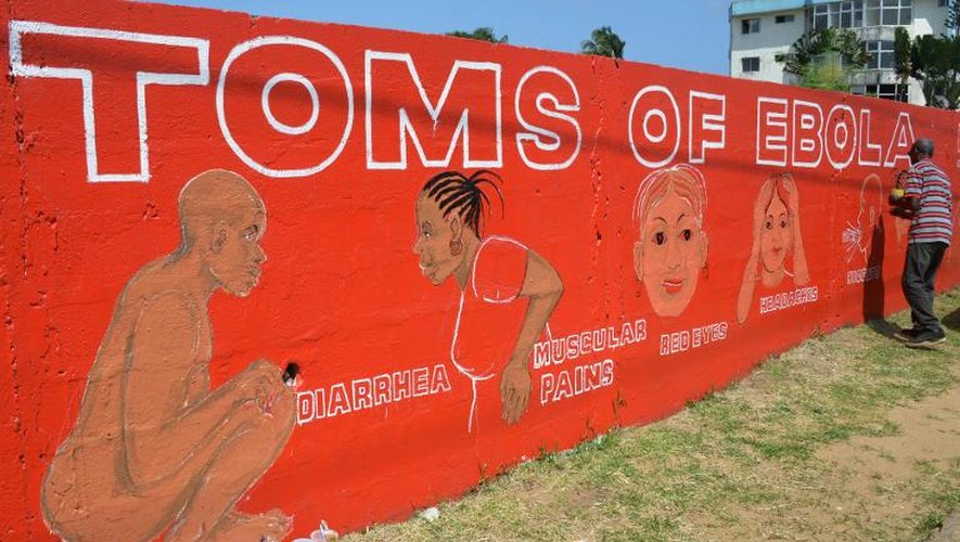 L'artiste de rue Stephen Doen peint une fresque murale pour informer la population sur les symptômes du virus Ebola, le 8 septembre 2014 à Monrovia