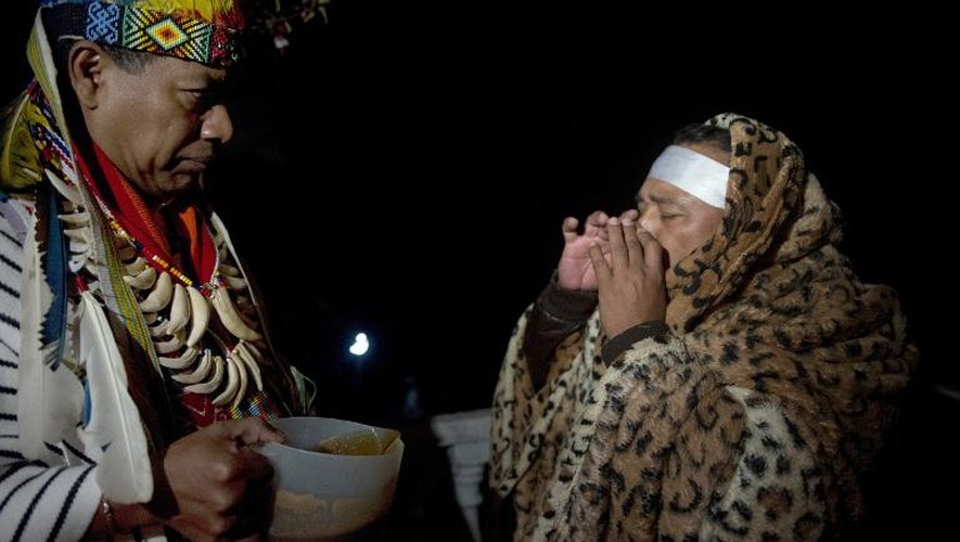 Le chamane donne à boire du Yagé lors d'une cérémonie autour de ce rituel séculaire des indigènes d'Amazonie, le 9 août 2014 près de Bogota