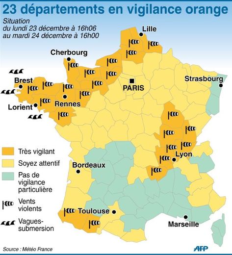 Carte de localisation des départements en alerte orange