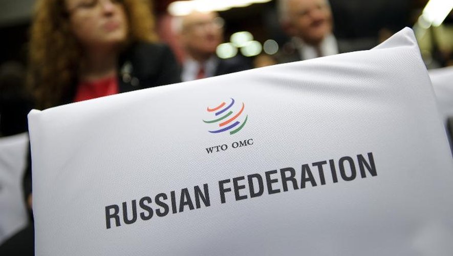Sièges de la délégation russe lors de la session de l'Organisation mondiale du commerce finalisant l'accession de la Russie à l'OMC, le 16 décembre 2011 à Genève