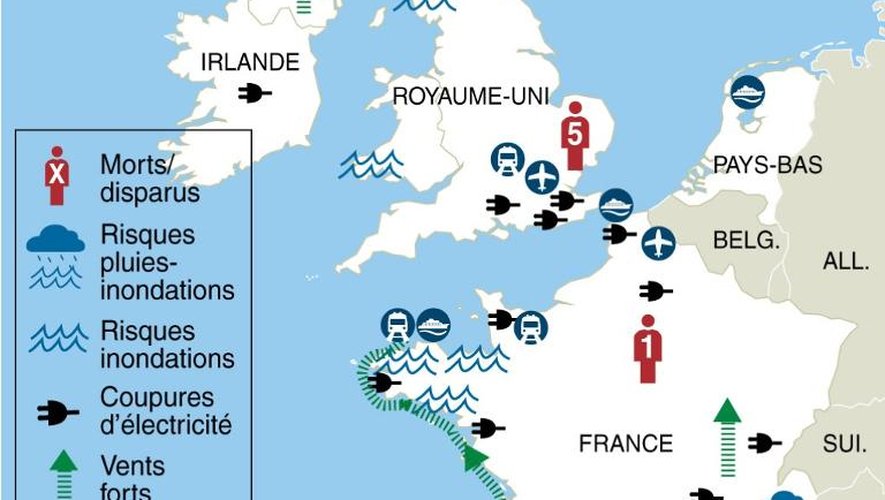Carte détaillant les zones les plus touchées par le passage de «Dirk», les risques d'inondations, le nombre de morts et les perturbations sur les transports