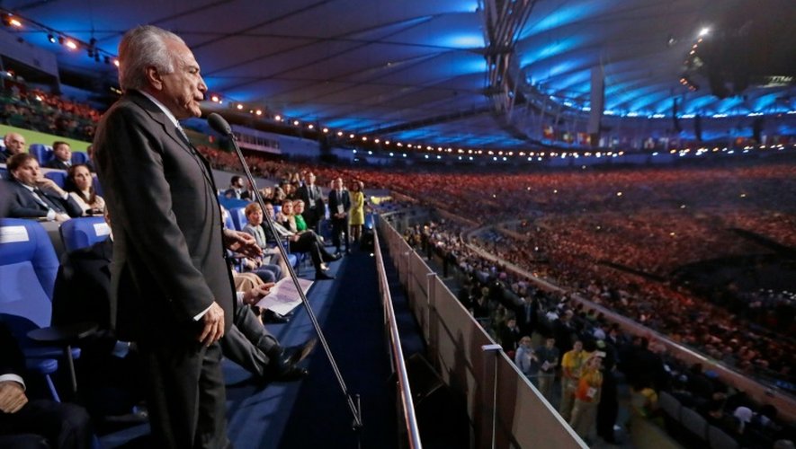 Le président brésilien par intérim Michel Temer durant la cérémonie d'ouverture des Jeux Olympiques au stade Maracana à Rio de Janeiro le 5 août 2016