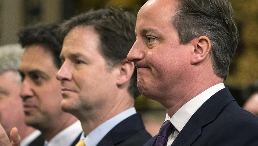 Le Premier ministre conservateur David Cameron, le libéral-démocrate Nick Clegg et le travailliste Ed Miliband (de droite à gauche), le 27 février 2014 à Londres
