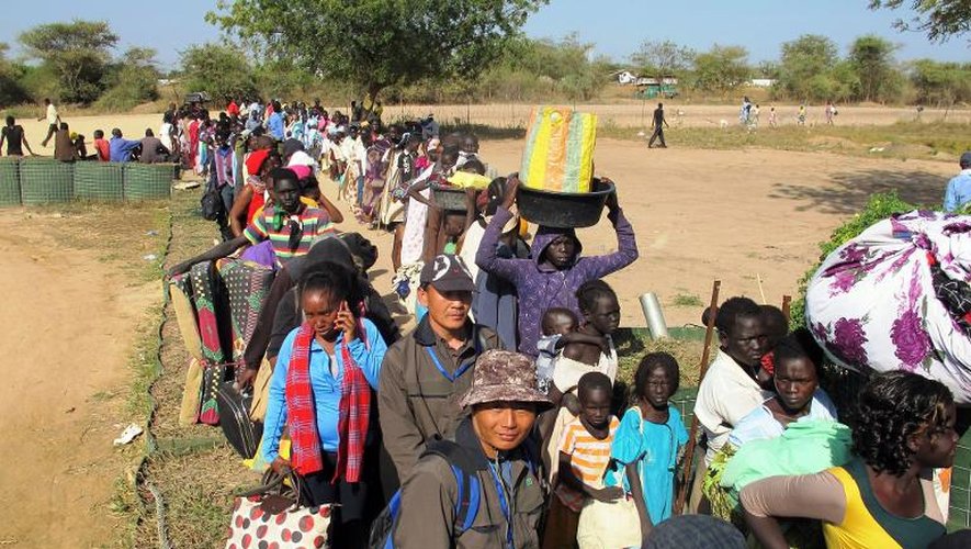 Photo fournie le 24 décembre 2013 par la Mission des Nations Unies au Soudan du Sud (Minuss), d'une longue file d'attente de civils le 18 décembre 2013 devant un camp de l'ONU à Bor