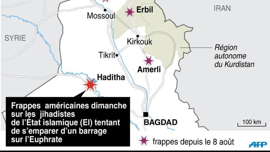 Carte de localisation des frappes aériennes américaines sur les jihadistes de l'Etat islamique en Irak depuis le 8 août