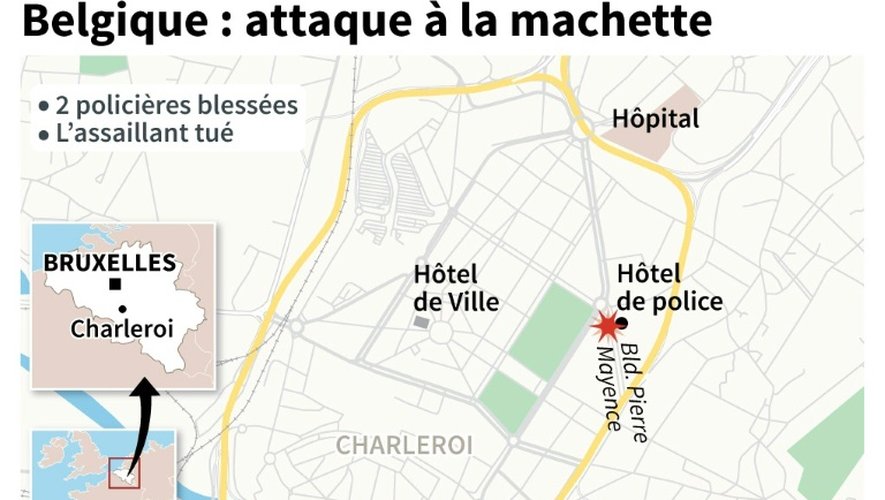 Carte de localisation d'une attaque à la machette à Charleroi, en Belgique