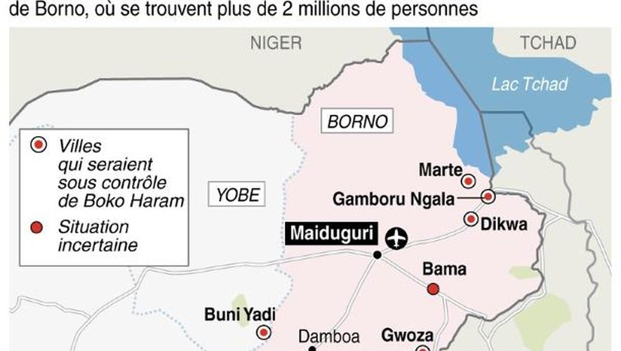 Carte du Nigeria localisant la progression des militants islamistes de Boko Haram dans le nord-est du pays