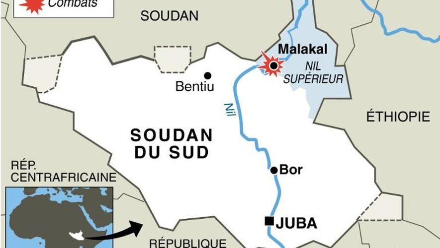 Carte localisant les combats à Malakal au Soudan du Sud