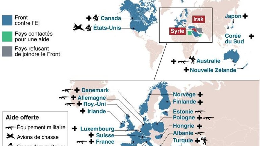 Carte du monde indiquant les partenaires du front contre l'Etat islamique