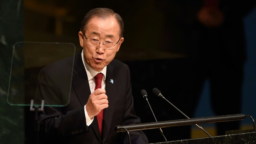 Le secrétaire général de l'ONU Ban Ki-moon à la tribune de l'organisation à New York, le 28 septembre 2015