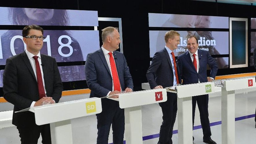 Débat électoral télévisé entre (g à d) Jimmie Akesson, leader de l'extrême-droite, Jonas Sjostedt du parti de gauche, Gustav Fridolin des Verts et Stefan Löfven, leader du parti social-démocrate, le 12 septembre 2014 à Stockholm