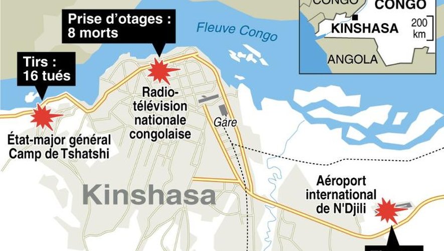 Localisation des violences à Kinshasa qui ont fait 40 morts, lundi