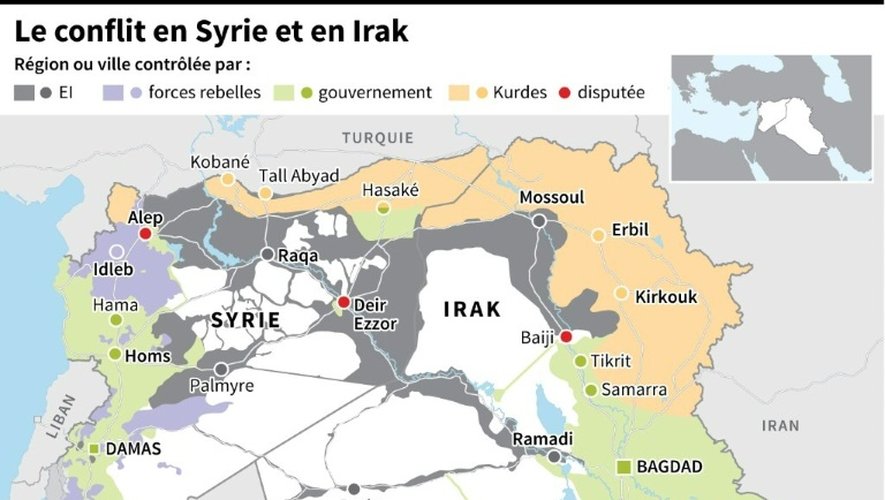 Carte de la Syrie et de l'Irak, des territoires contrôlés par le groupe de l'EI et autres forces au 31 août 2015