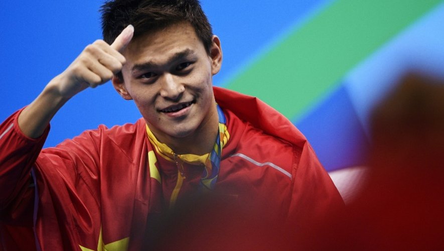Le Chinois Sun Yang après sa victoire dans le 200 m nage libre le 8 août 2016 à Rio
