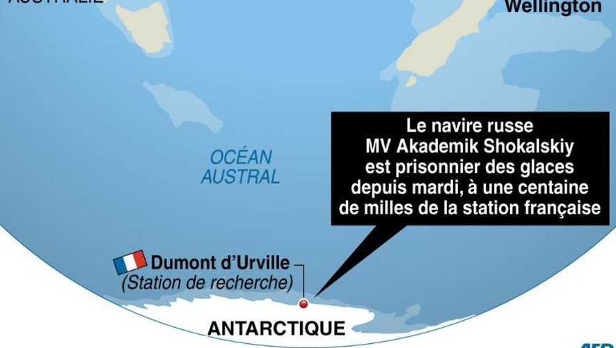 Infographie localisant le navire russe bloqué en Antarctique, à 100 milles nautiques de la base Dumont d'Urville
