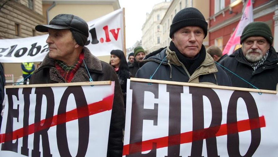 Manifestation à Riga le 31 janvier 2013 contre l'entrée de la Lettonie dans la zone euro