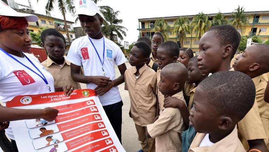 Des volontaires du Programme de développement de l'Onu (PNUD) expliquent à des écoliers les symptômes et les précautions à prendre contre le virus Ebola, le 15 septembre 2014 à Abidjan, en Côte d'Ivoire