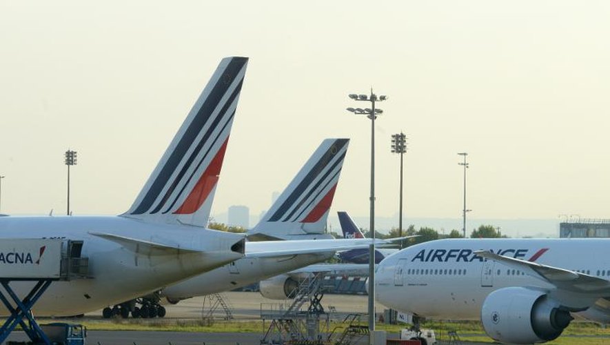 Avions d'Air France cloués au sol le 15 septembre 2014 sur le tarmac à l'aéroport Charles de Gaulle à Roissy