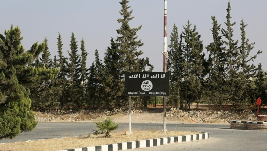 Un drapeau du groupe Etat islamique sur la route qui mène à Minbej, dans le nord de la Syrie, le 23 juin 2016