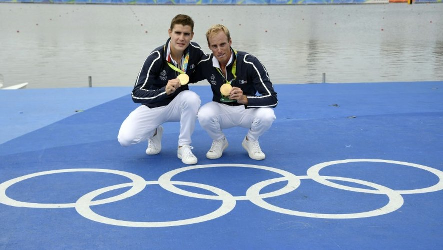 Les rameurs français médaillés d'or en deux de couples poids légers aux Jeux de Rio, le 12 août 2016