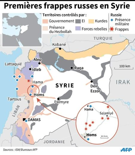 Frappes russes en Syrie et carte des territoires contrôlés par le groupe de l'EI et autres forces