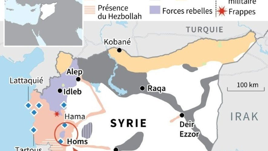 Frappes russes en Syrie et carte des territoires contrôlés par le groupe de l'EI et autres forces