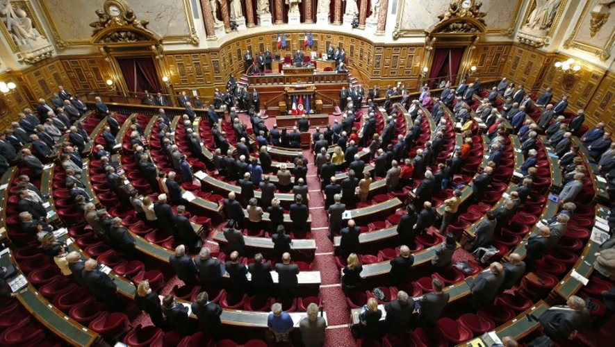 Les sénateurs debouts dans l'hémicycle, observent une minute de silence le 7 avril 2015 à Paris