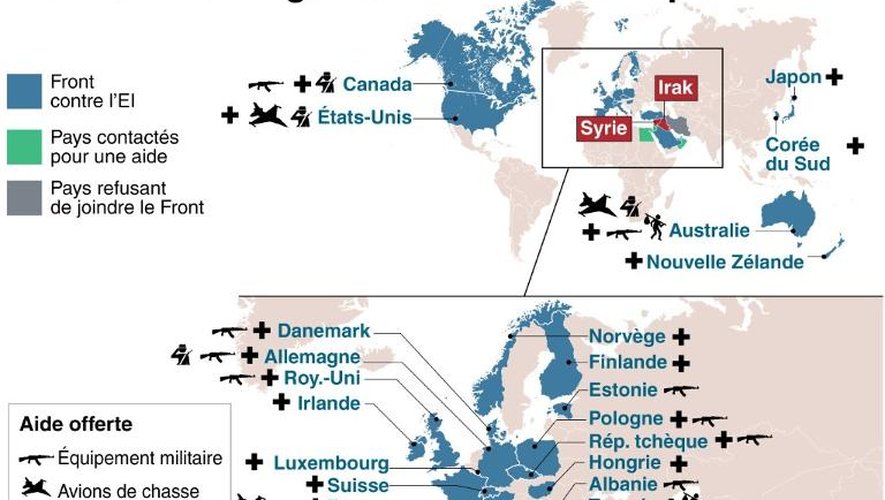Carte du monde indiquant le niveau d'engagement des partenaires du front contre le groupe Etat islamique