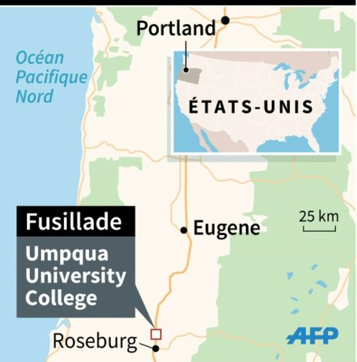 Localisation de l'université Umpqua dans l'Oregon où a eu lieu une fusillade