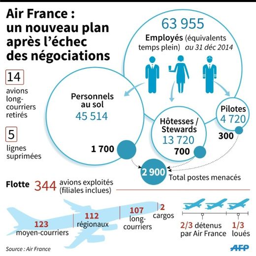 Schémas montrant les effectifs d'Air France, la composition de la flotte et les nouvelles mesures de réduction des coûts annoncées