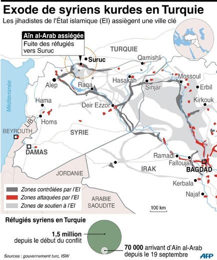 Carte de Syrie et d'Irak, localisant la cité d'Aïn al-Arab assiégée par les jihadistes de l'Etat islamique