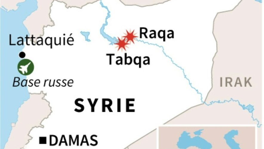 Syrie: carte de localisation des dernières frappes russes jeudi à Raqa et Taqba, en Syrie