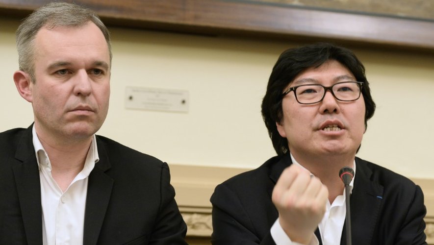 Jean-Vincent Placé et François de Rugy (g), le 4 avril 2015 à l'Assemblée nationale à Paris