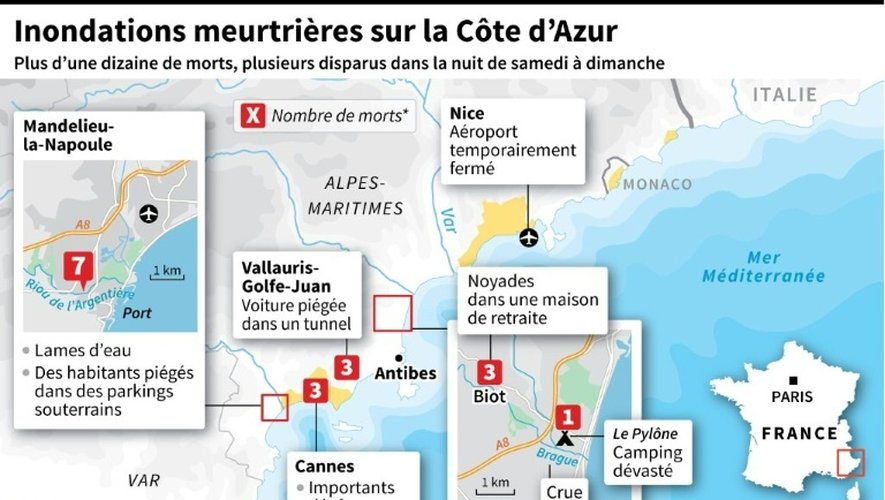 Côte d'Azur: inondations meurtrières
